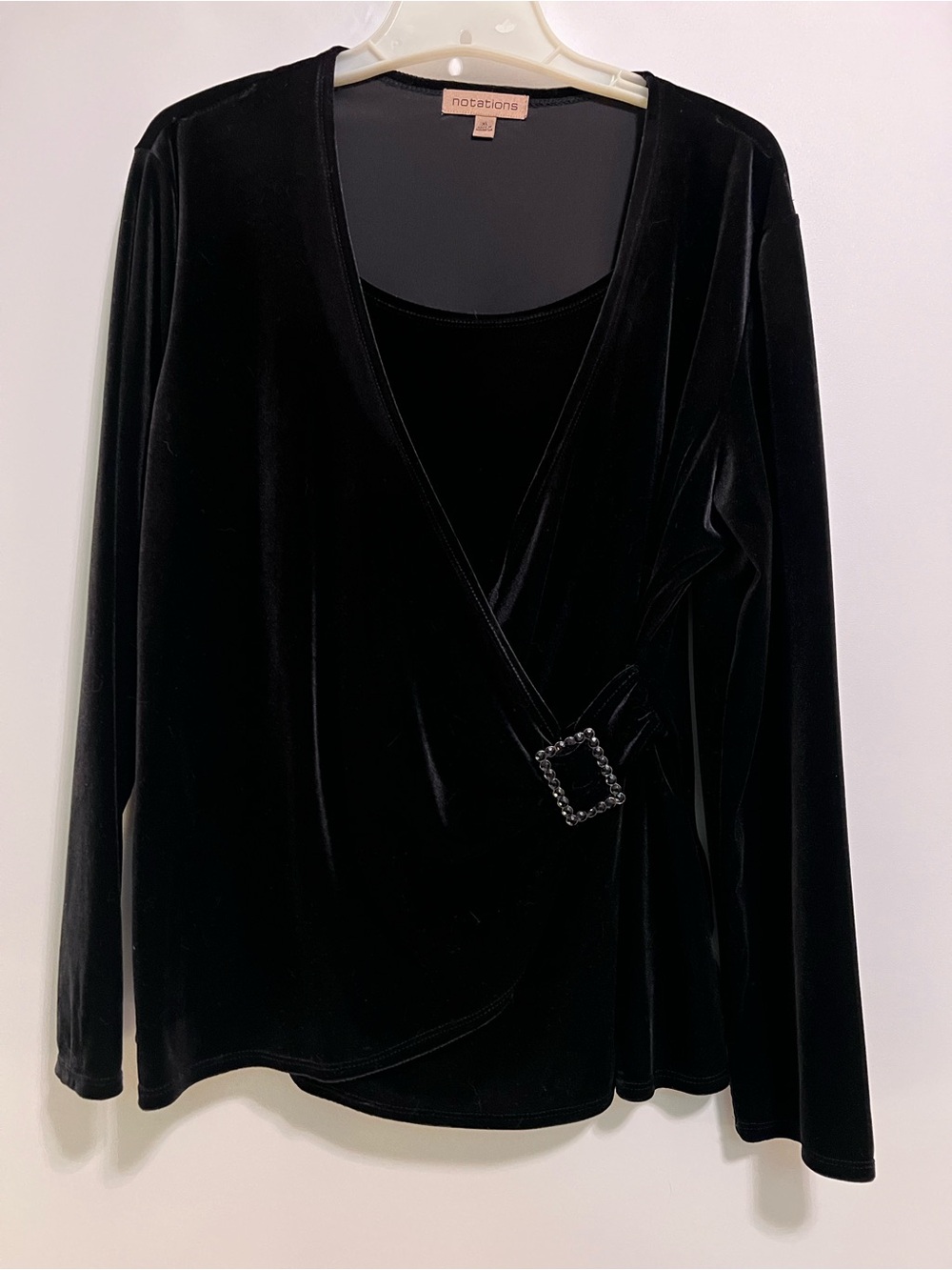Notations Black Velvet Wrap Top with Buckle Detail